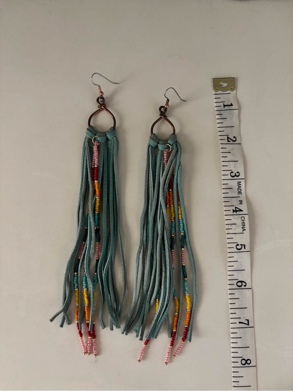 Handmade Turquoise Leather Beaded Fringe Earrings Artisan Boho 8” - Picture 5 of 5